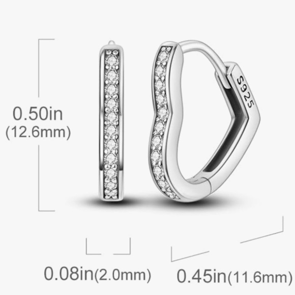 Sterling Silver 925 heart Hoop Earrings with CZ - Picture 3 of 3